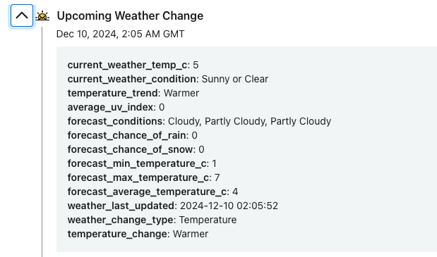 An example of the "Upcoming Weather Change" event