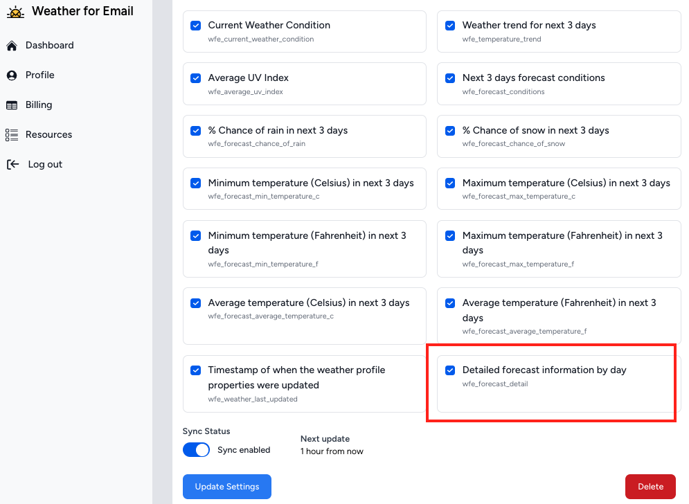 Enable the wfe_forecast_detail setting